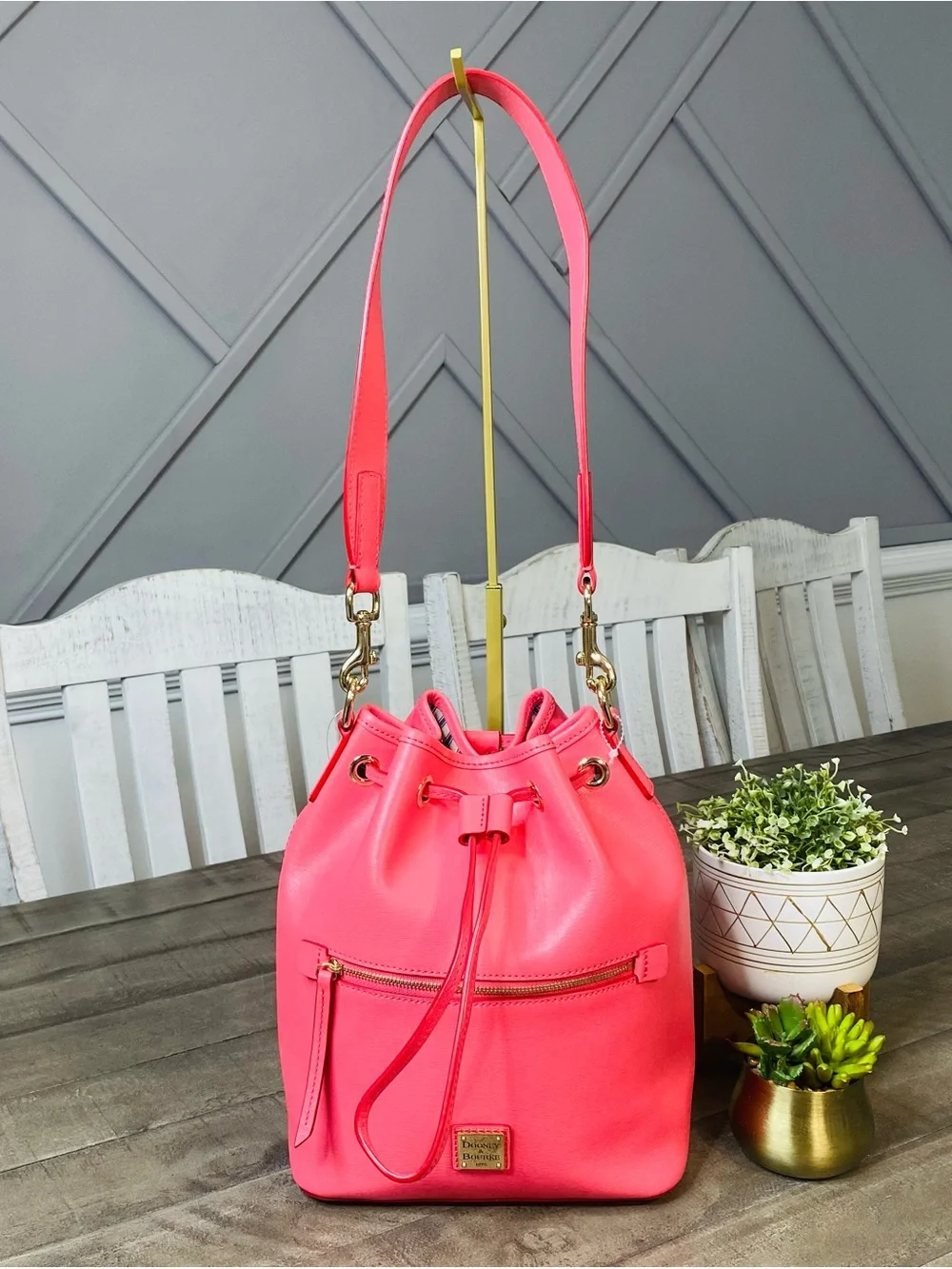 Dooney & Bourke Saffiano Leather Drawstring Bucket Bag Hot Pink Neon